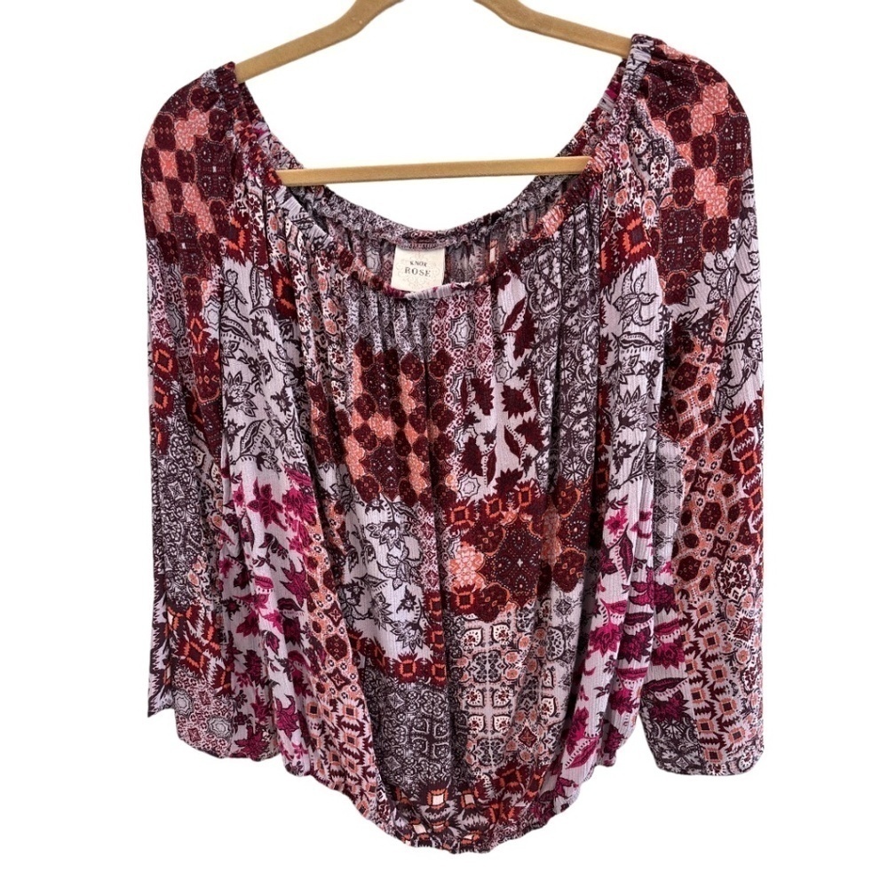 Knox Rose BoHo Long Bell Sleeve Elastic Neckline and Hem Floral Rayon Top L